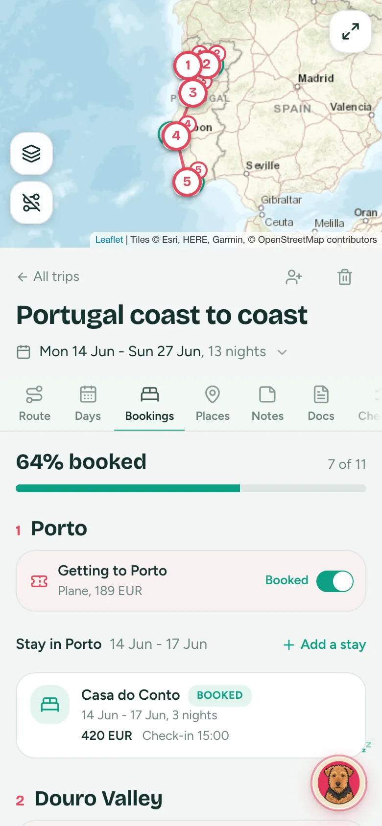 Bookings tab: 64% booked, the flight and stay in Porto marked as booked