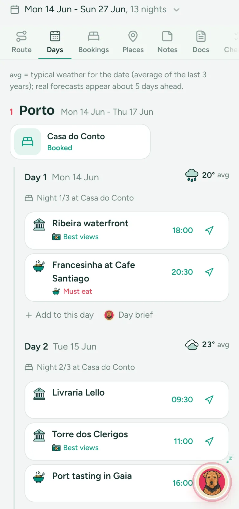 Days tab: day by day plan in Porto with times and typical weather