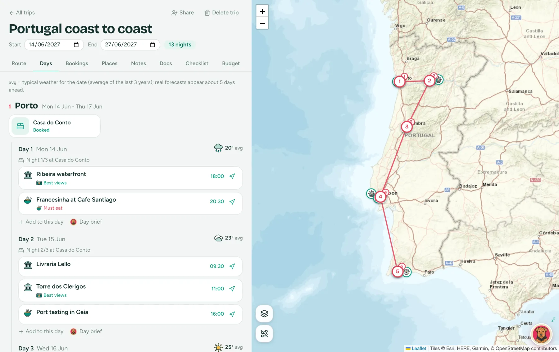 implan on a laptop: the Days tab of the Portugal trip next to a map of the route from Porto to Lagos