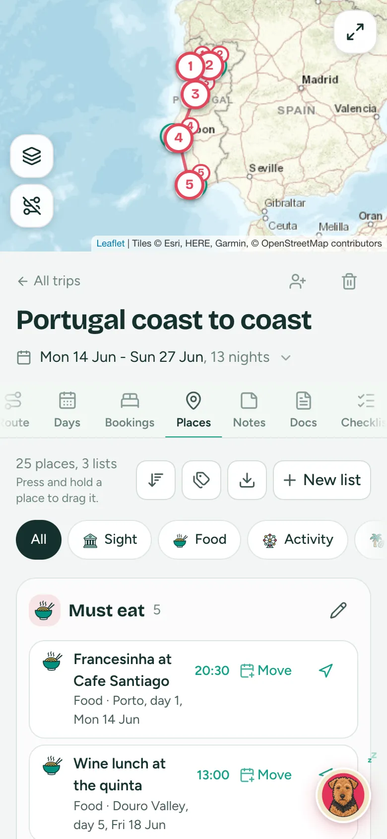 Places tab: lists such as Must eat with places and their days