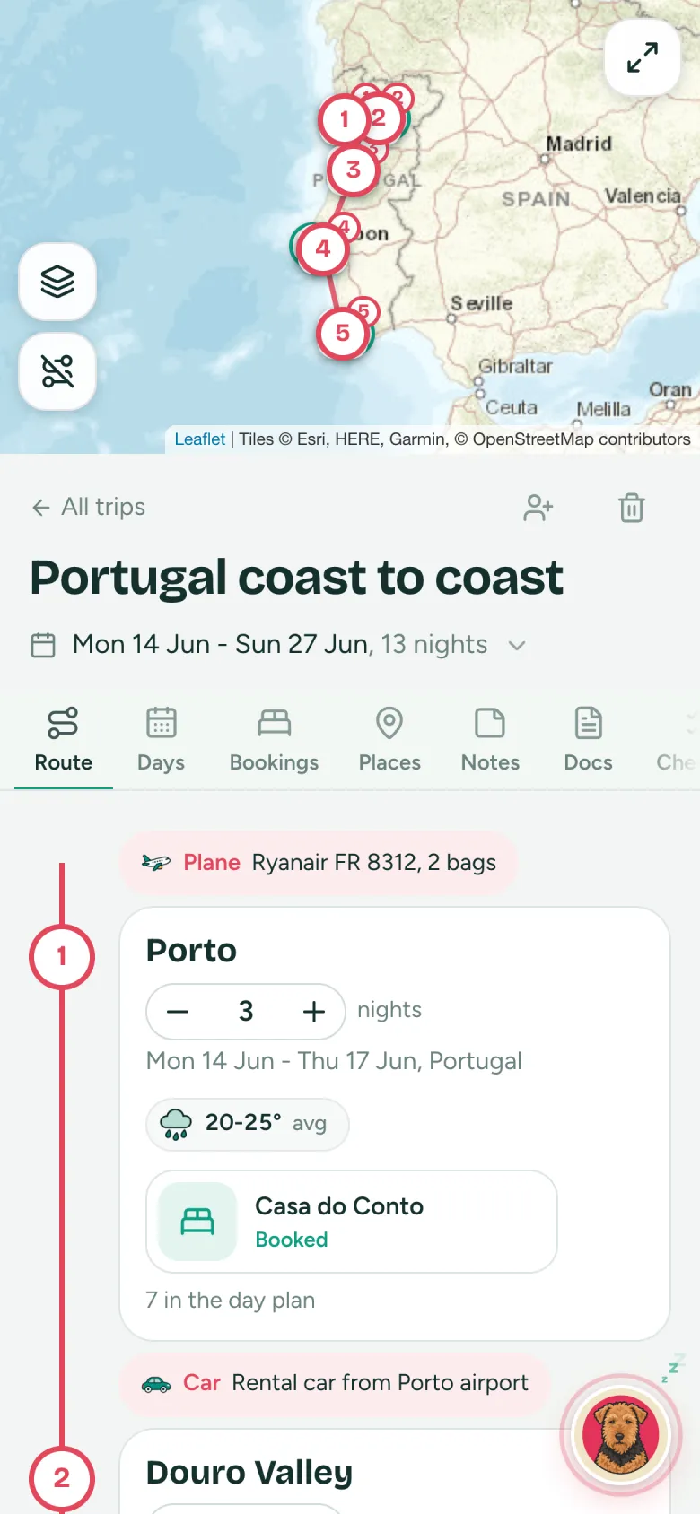 Route tab: the map and the stops Porto, Douro Valley and more, each with nights and dates